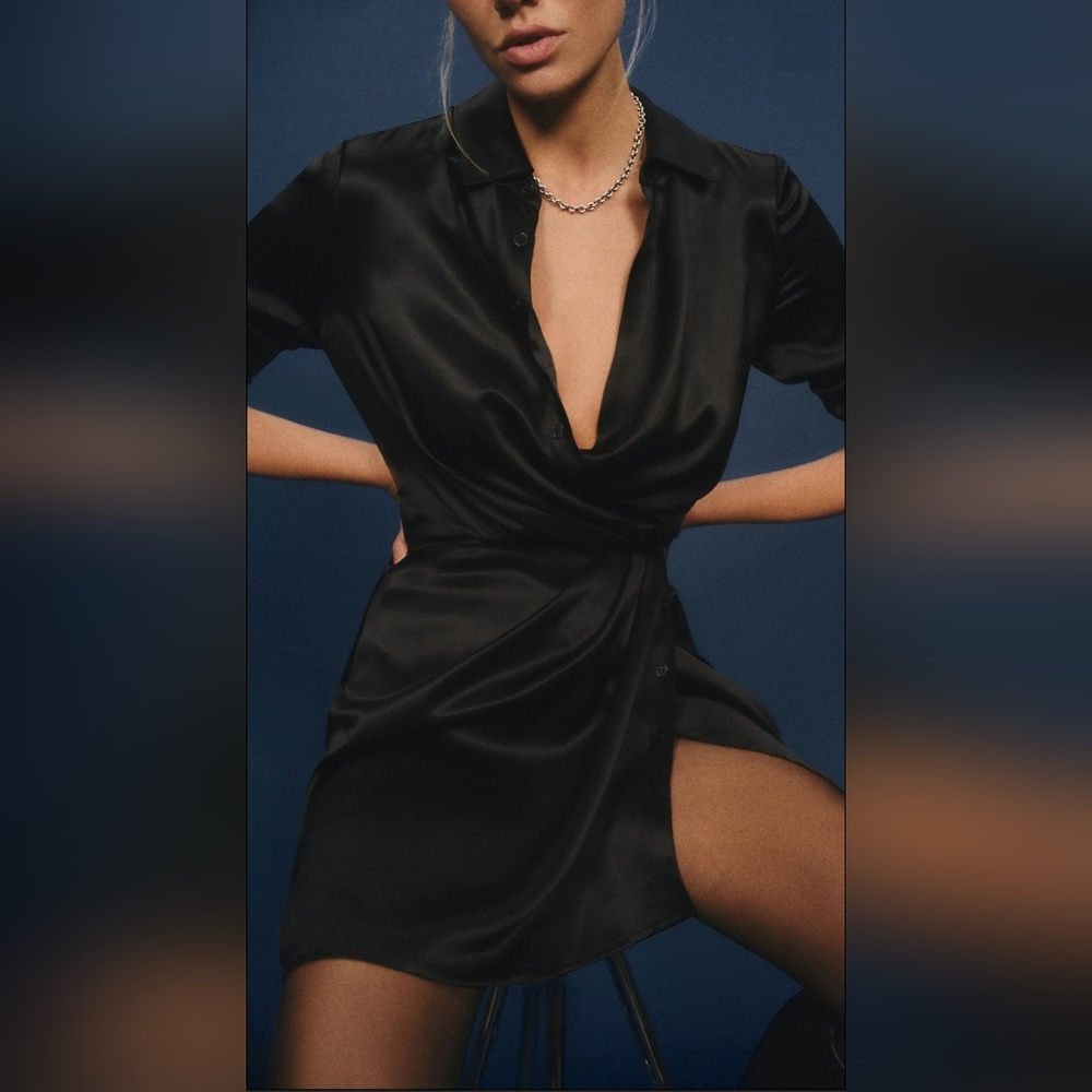 Reformation Alaine Silk Black Long Sleeve Mini Dress Size 4 - Picture 2 of 8